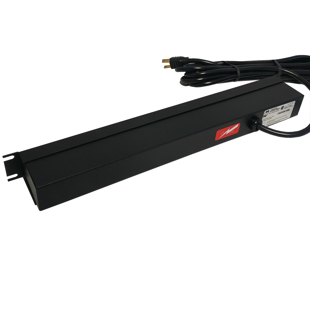 1582H6B1SBK: Power strip with surge - horizontal rackmount, 15ft cord, front 6-out 5-15R