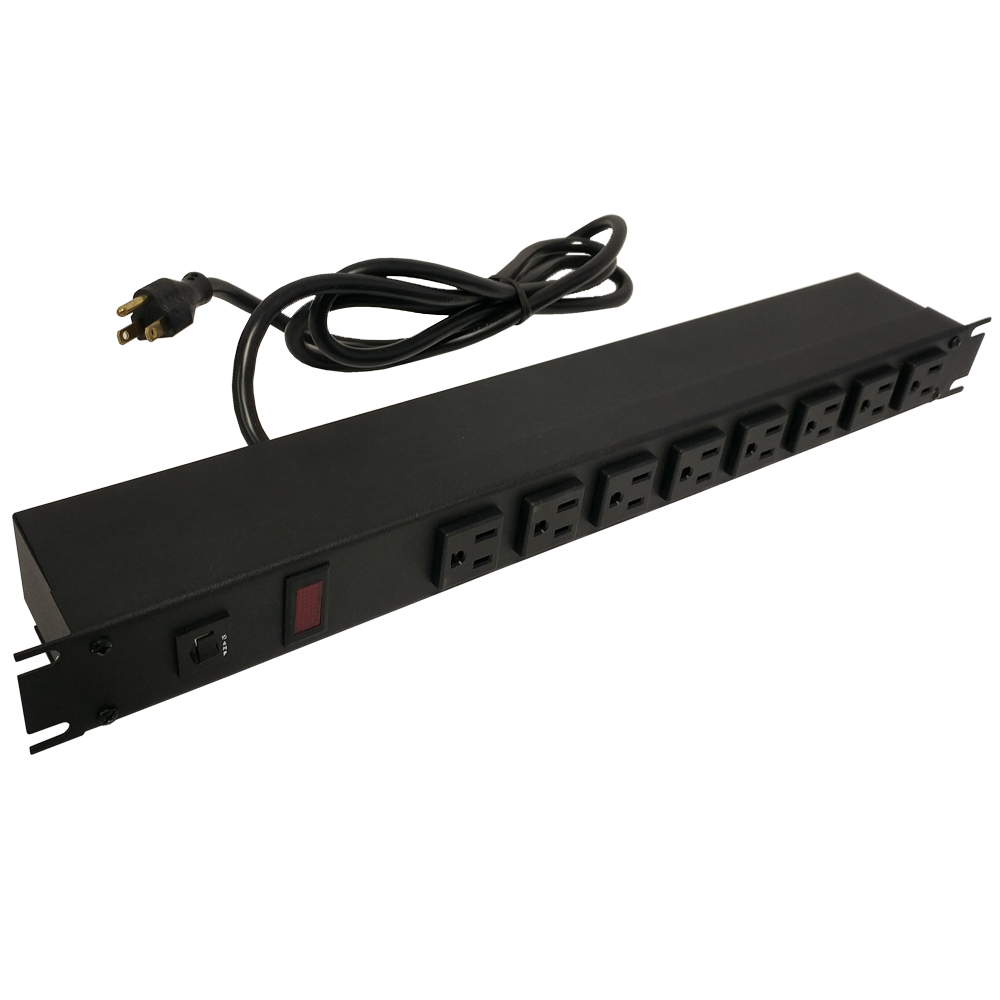 1582T8A1BK: 19 Inch 8 Outlet Horizontal Rack Mount Power Strip - 6ft Cord, 5-15P Plug, 5-15R Front Receptacles