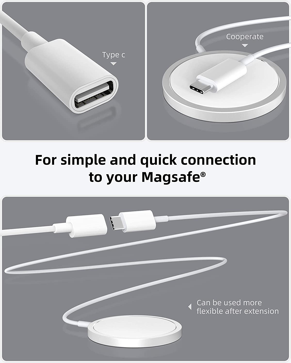 HF-6FTUCMUCF: USB C Extension Cable 6 FT/1.8M, 9V 3A USB Type C Female to Male Extension Cable for Mag- Safe Charger - Click Image to Close