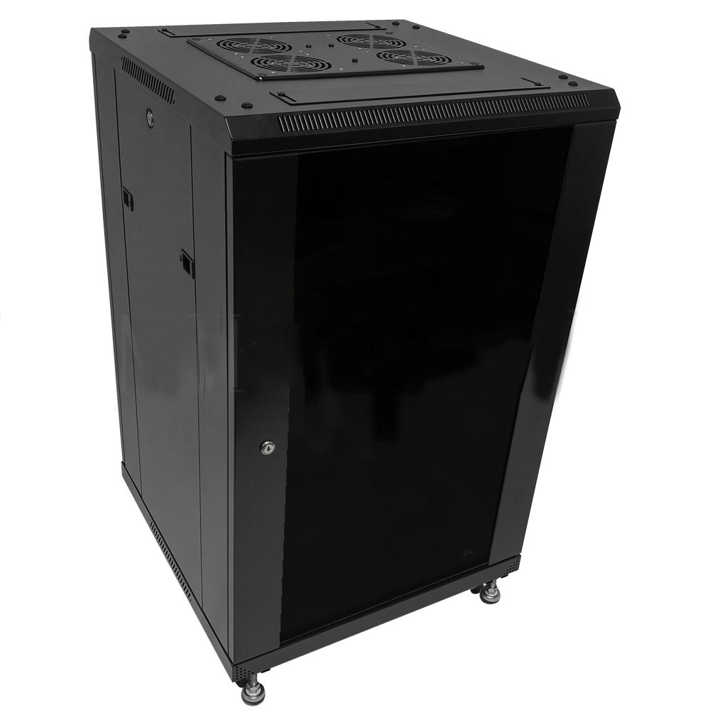 HF-ANC18: 18U A/V and Networking Cabinet - Pre-Loaded with Fan Top, 3 Shelves & Blank Panels - Black