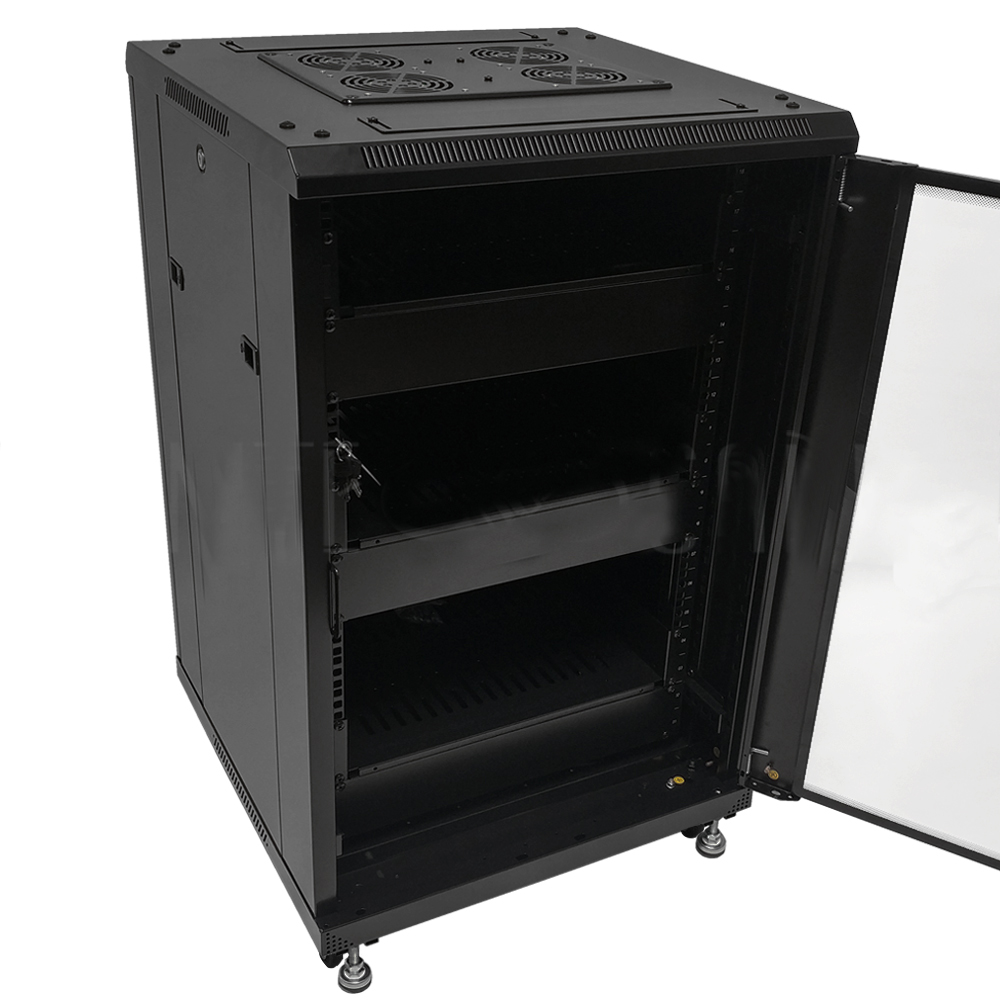 HF-ANC18: 18U A/V and Networking Cabinet - Pre-Loaded with Fan Top, 3 Shelves & Blank Panels - Black - Click Image to Close