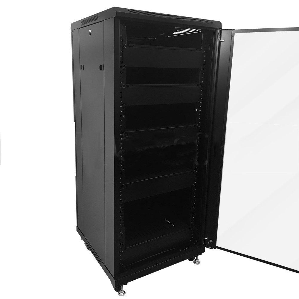 HF-ANC27: 27U A/V and Networking Cabinet - Pre-Loaded with Fan Top, 5 Shelves & Blank Panels - Black - Click Image to Close