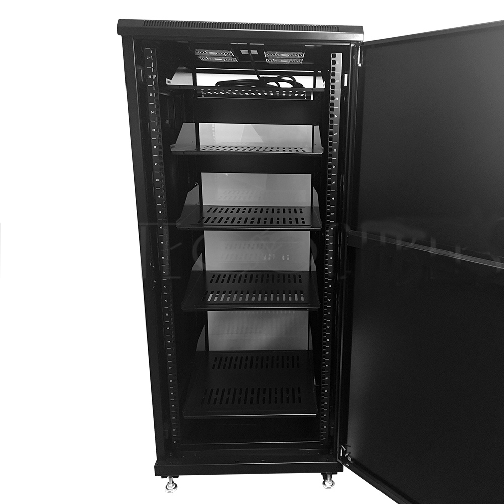 HF-ANC27: 27U A/V and Networking Cabinet - Pre-Loaded with Fan Top, 5 Shelves & Blank Panels - Black - Click Image to Close