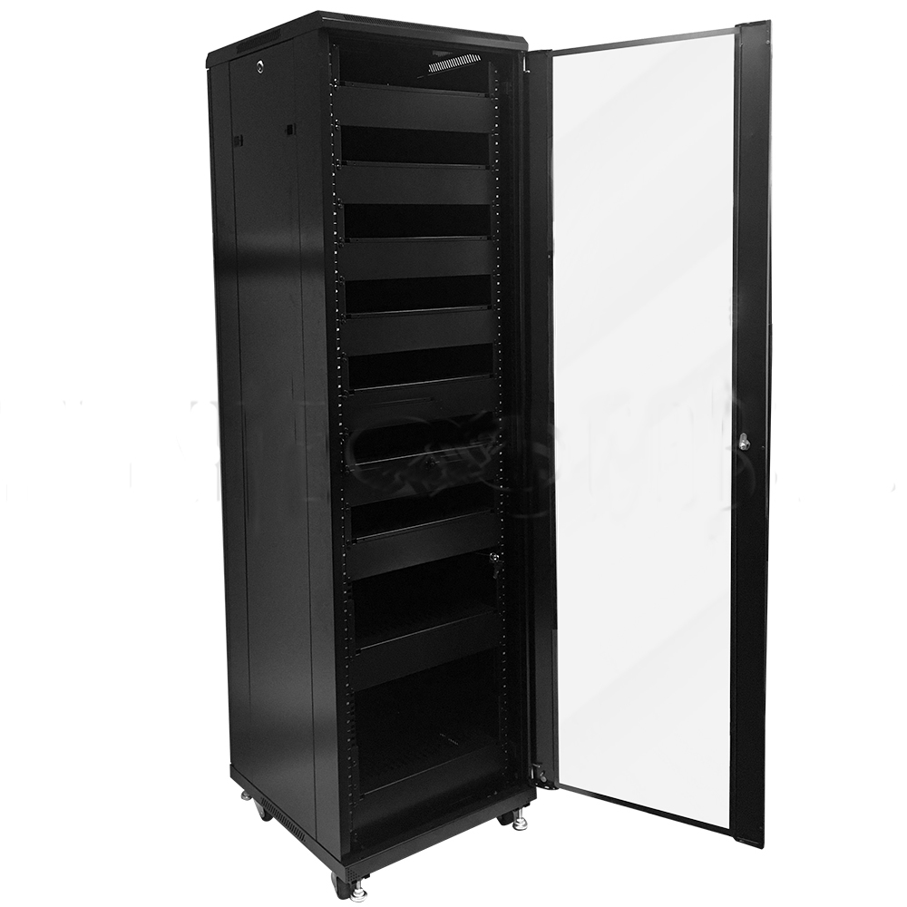 HF-ANC42: 42U A/V and Networking Cabinet - Pre-Loaded with Fan Top, 9 Shelves & Blank Panels - Black - Click Image to Close