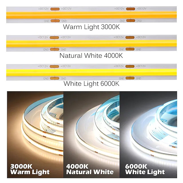 HF-C320LS12: COB Flexible 320 LED Strip Light High Density 5m 16.4FT White Dimmable LED Ribbon