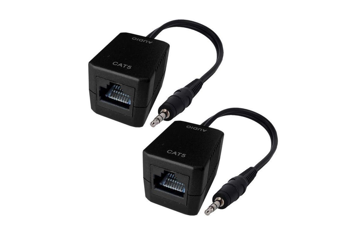 HF-EA35-75: Male AUX 3.5mm Plug Stereo Audio Over Single RJ45 Cable CAT5 Extender up to 75m