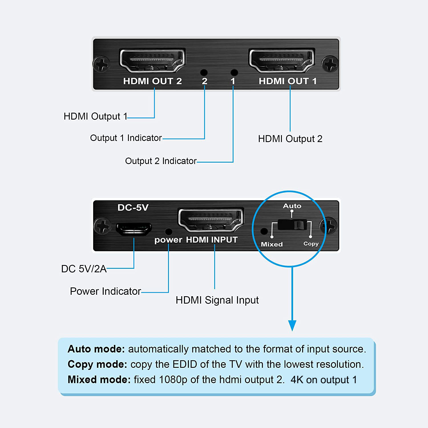HF-H2SP2SC: 1 in 2 out 2 Ports 4K HDMI Splitter Support 4K@60Hz, 18Gbps. HDR Dolby Vision, HDCP 2.2,HDMI Down Scaler 4K to 1080P - Click Image to Close