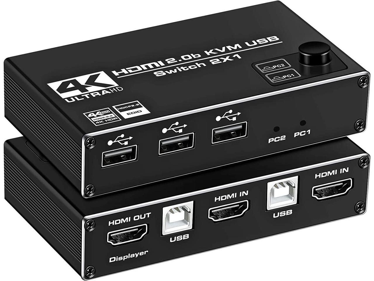 HF-HKU212: HDMI KVM Switch, 4K@60Hz USB Switch 2x1 HDMI2.0 Ports + 3X USB KVM Ports, Share 2 Computers to one Monitor, Support Wireless Keyboard and Mouse, USB Disk, Printer, USB Camera (Included 2 USB Cable)