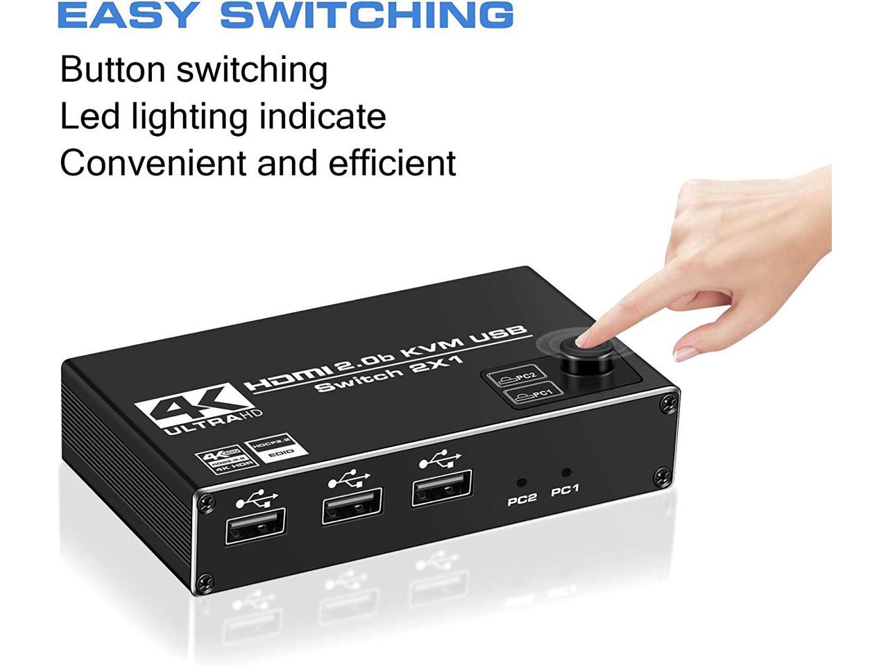 HF-HKU212: HDMI KVM Switch, 4K@60Hz USB Switch 2x1 HDMI2.0 Ports + 3X USB KVM Ports, Share 2 Computers to one Monitor, Support Wireless Keyboard and Mouse, USB Disk, Printer, USB Camera (Included 2 USB Cable) - Click Image to Close