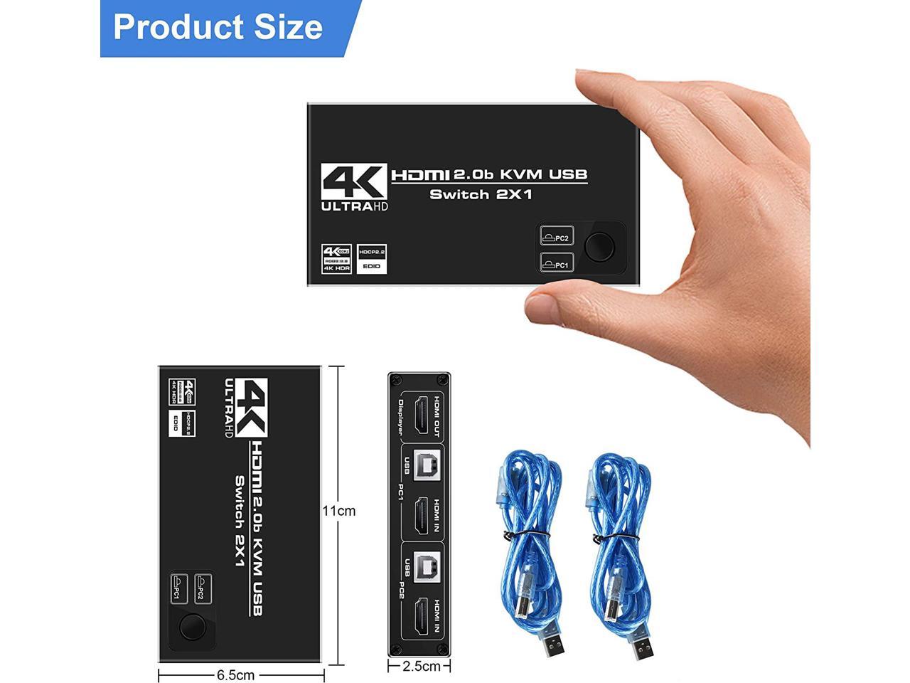 HF-HKU212: HDMI KVM Switch, 4K@60Hz USB Switch 2x1 HDMI2.0 Ports + 3X USB KVM Ports, Share 2 Computers to one Monitor, Support Wireless Keyboard and Mouse, USB Disk, Printer, USB Camera (Included 2 USB Cable)