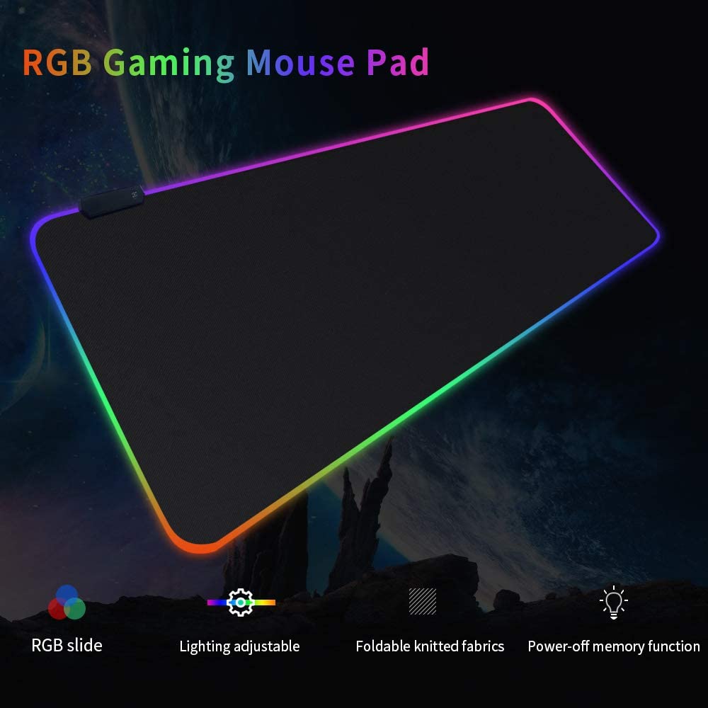 HF-IMMP05: RGB Gaming Mouse Pad, Large Extended Illuminated LED Mouse Pad with 14 Multi-Light Modes and USB Port, Non-Slip Rubber Base for Gamers, Computer Keyboard Pad 31.5X11.8 inches-Black