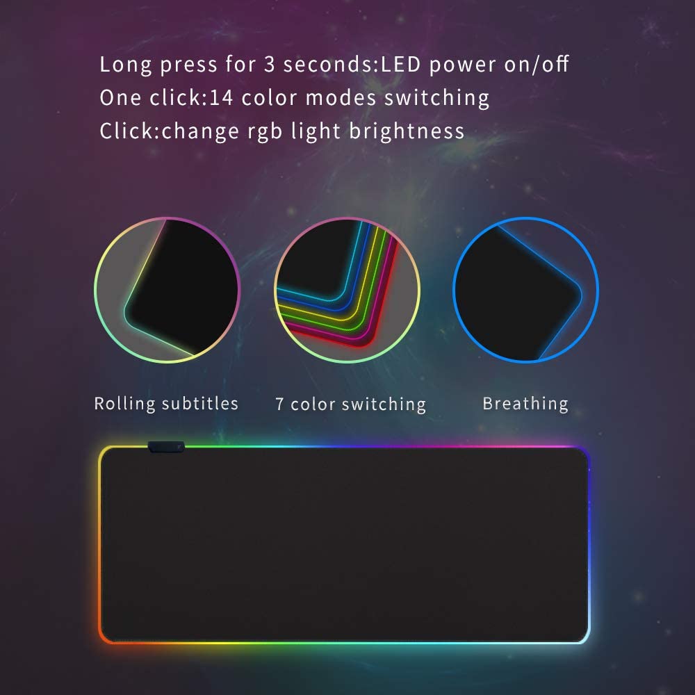 HF-IMMP05: RGB Gaming Mouse Pad, Large Extended Illuminated LED Mouse Pad with 14 Multi-Light Modes and USB Port, Non-Slip Rubber Base for Gamers, Computer Keyboard Pad 31.5X11.8 inches-Black - Click Image to Close