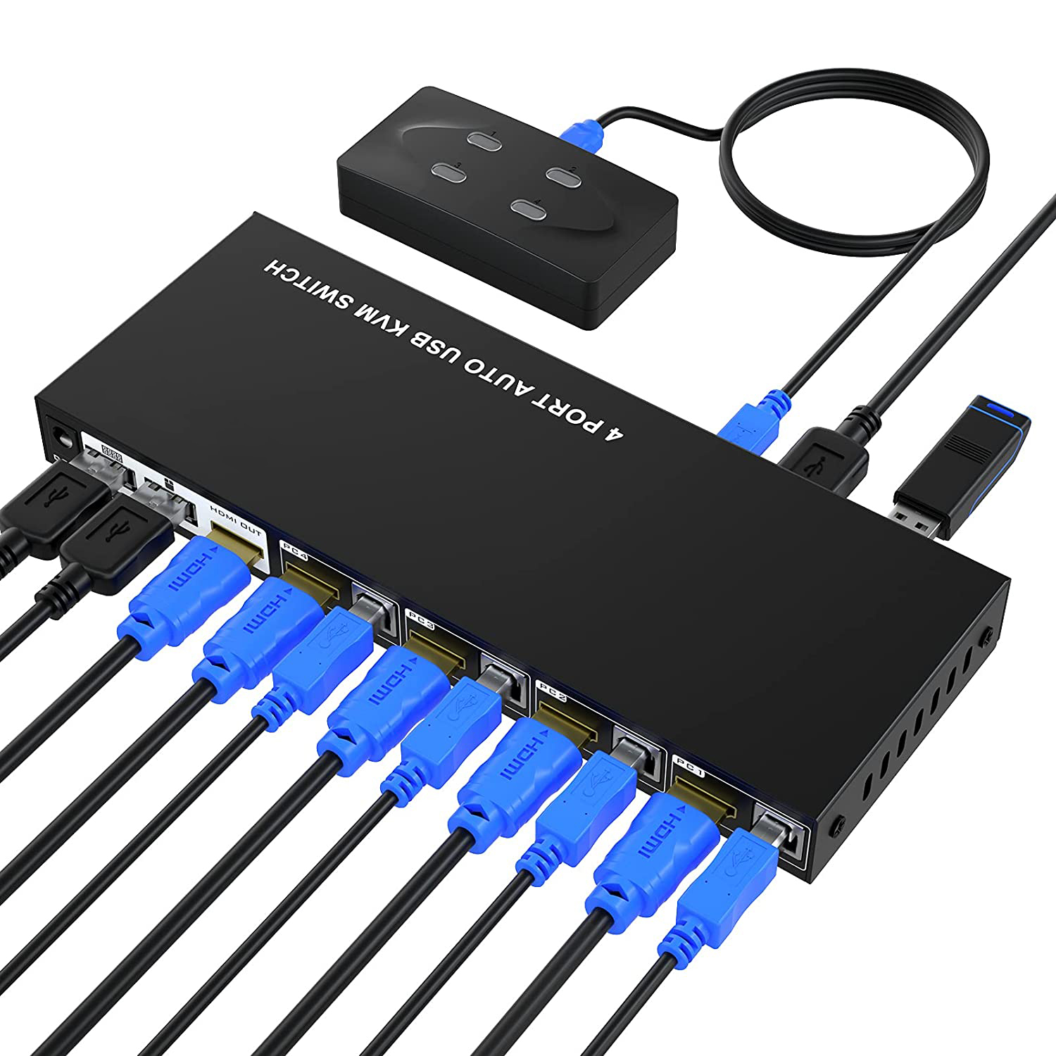 HF-KS20V-401: HDMI 2.0 4K@60Hz 4 Port KVM Switch with 2-port USB 2.0 Hub, 4 Computers Share 1 Monitor Keyboard Mouse Printer or U-Disk