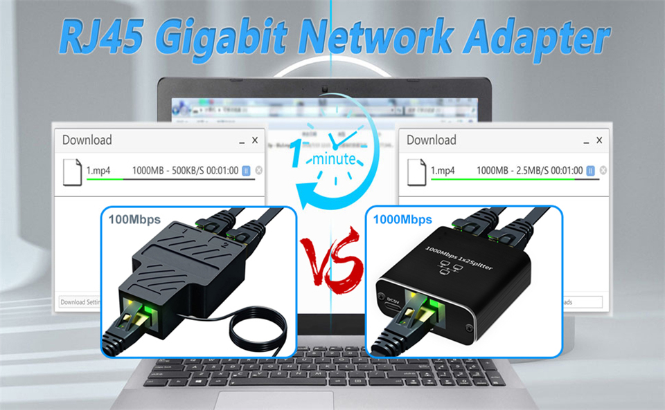 HF-RJ45-1T2: Gigabit Ethernet Splitter Cable Network Adapter 1 Female to 2 Female, Suitable Super Cat5, Cat5e, Cat6, Cat7 Connector LAN Ethernet Cables Internet Adapter, [2 Devices Simultaneous Networking]