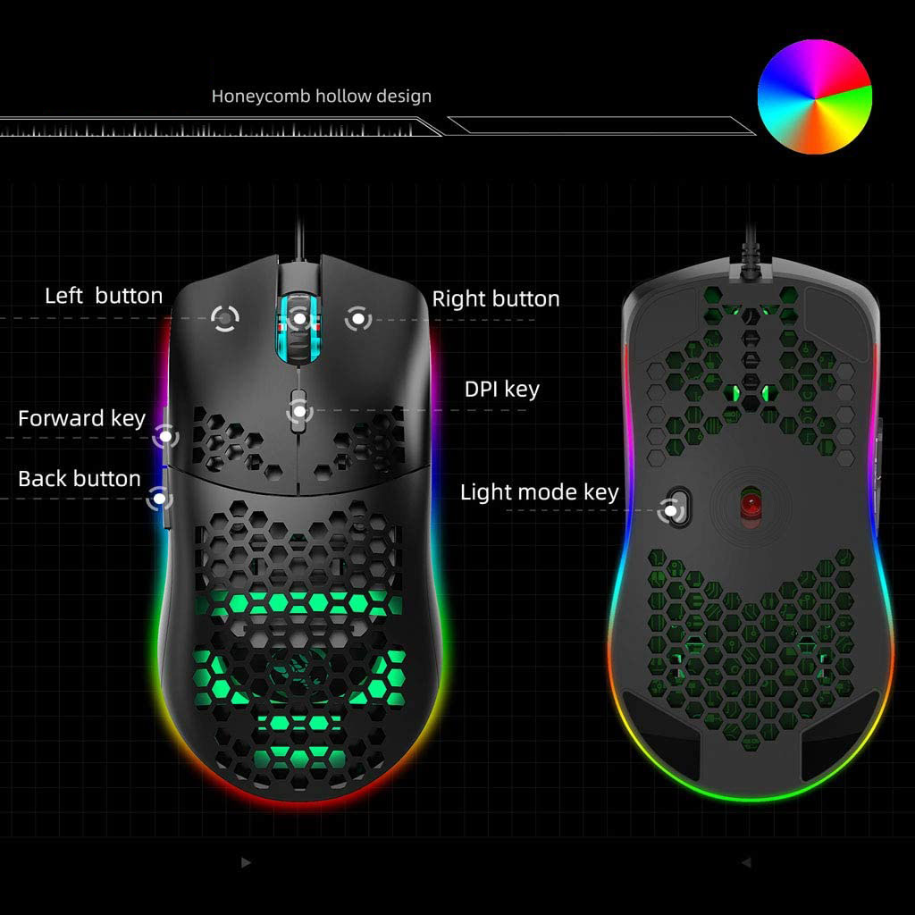 HF-T98GM: 6400DPI Programable 6 Buttons Gamer USB Wired Mouse RGB Gaming Mice for Desktop PC Laptop
