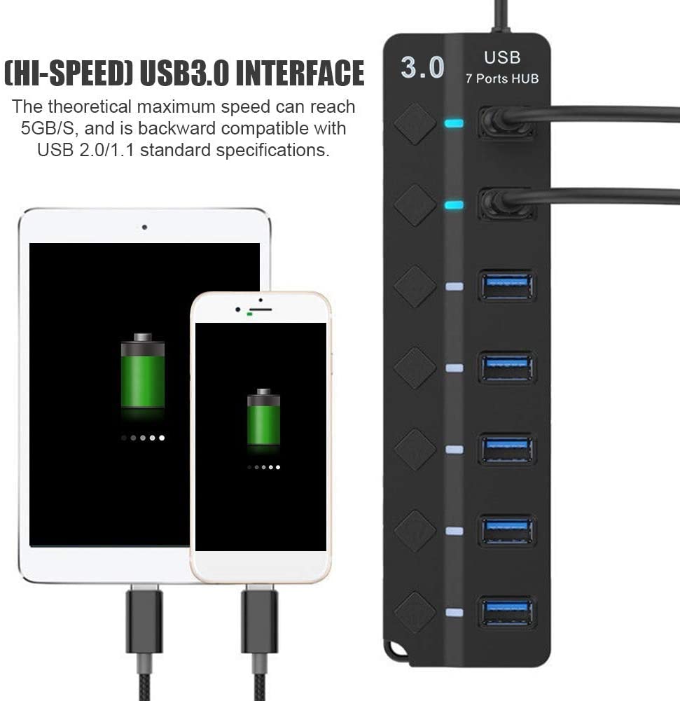 HF-U3HUBSP7: 7-Port USB 3.0 Hub,High Speed 5GB/S Data with Key Switch w/Power Adapter