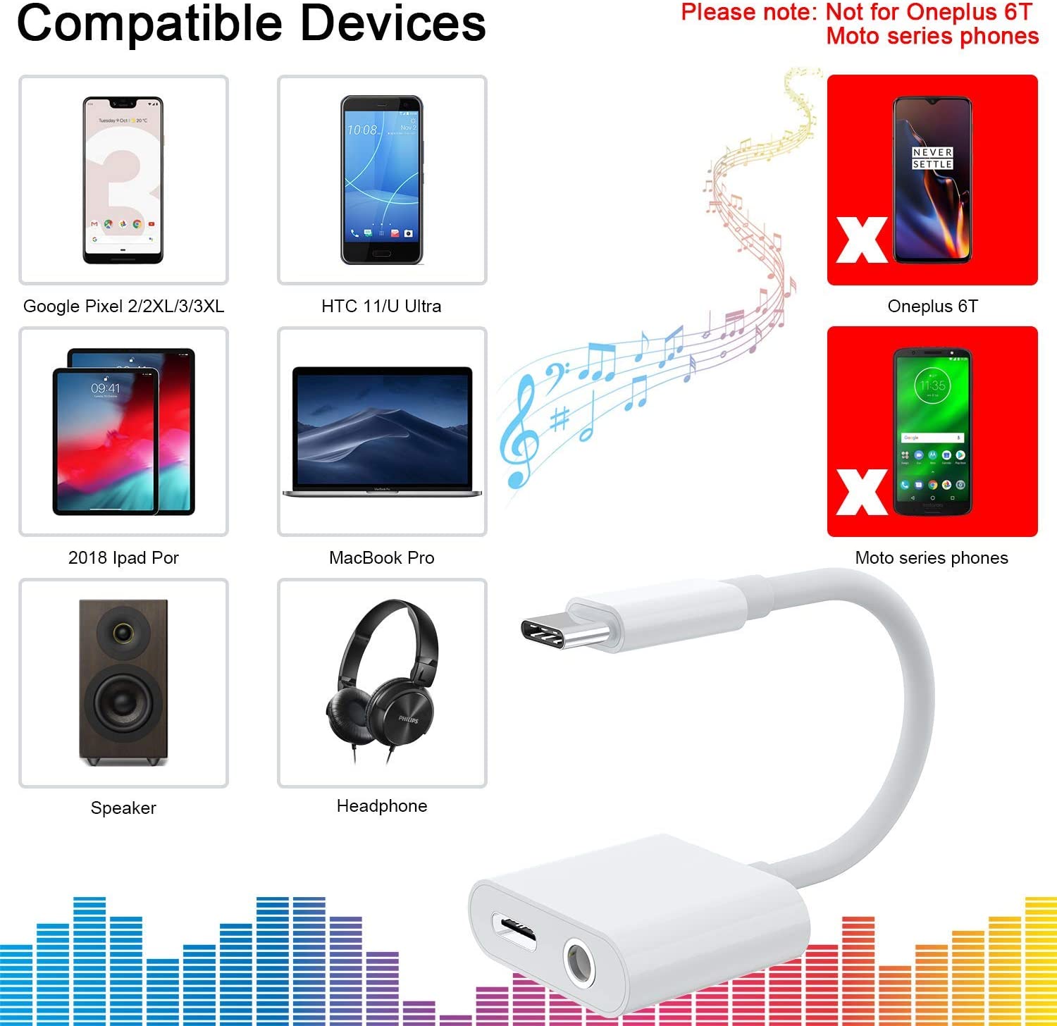 HF-UC235UC: USB C to Headphone Jack Adapter with Type C 3.5mm Aux Audio and Charge Adapter Compatible with Pixel 2/2XL/3/3Xl, Galaxy Note 10, iPad Pro 2018, and More