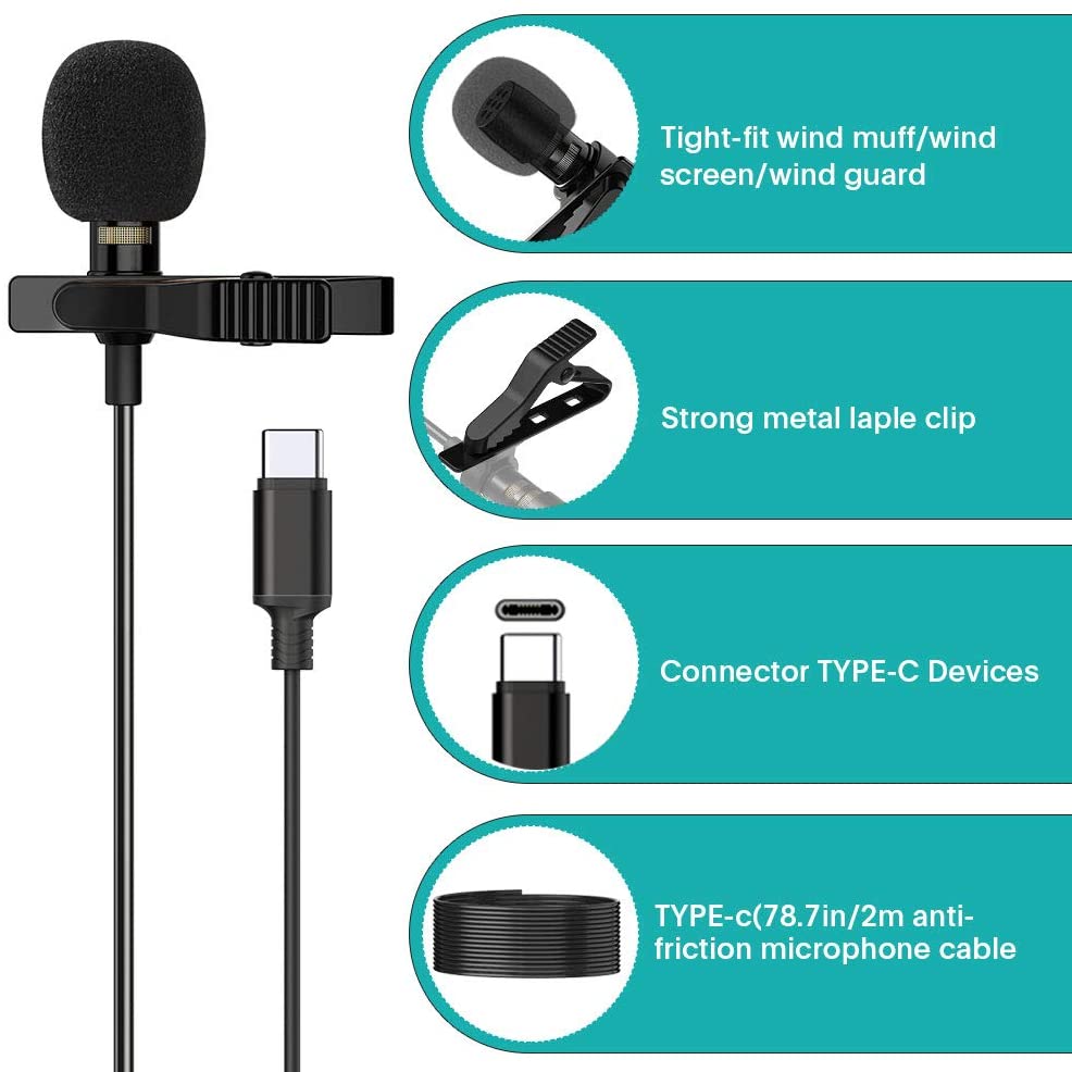HF-UCMIC: Lavalier USB C Type-C Clip-on Lapel Microphone MIC for Android Smartphone for YouTube, Conference or Audio Video Recording