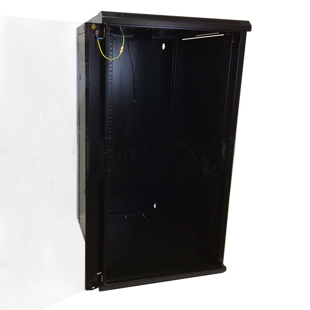 HF-WC22U230: Wall Mount Cabinet 22U x 23" Usable Depth, Glass Door, Fans - Black - Click Image to Close