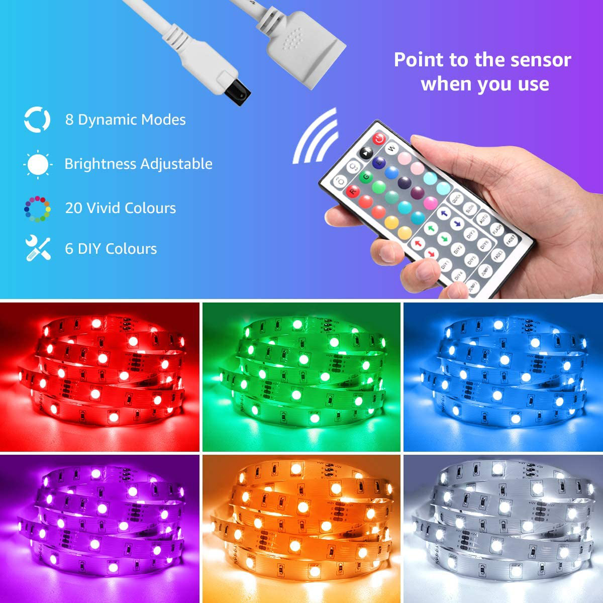 HF-WC5050LED5M: 5m / 16.4 ft RGB LED Light Strips Kit, Color Changing with 44 Keys with Remote Control and 12V Power Supply