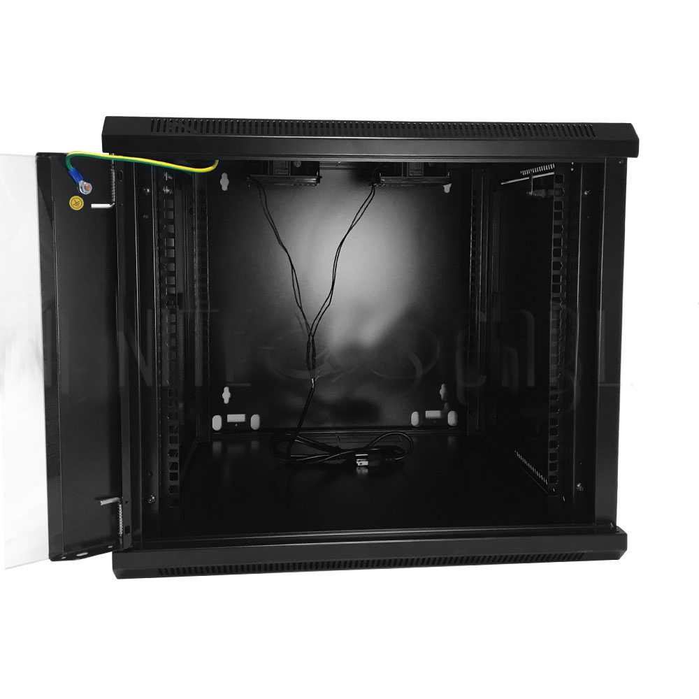 HF-WC9U230: Wall Mount Cabinet 9U x 23" Usable Depth, Glass Door, Fans - Black - Click Image to Close