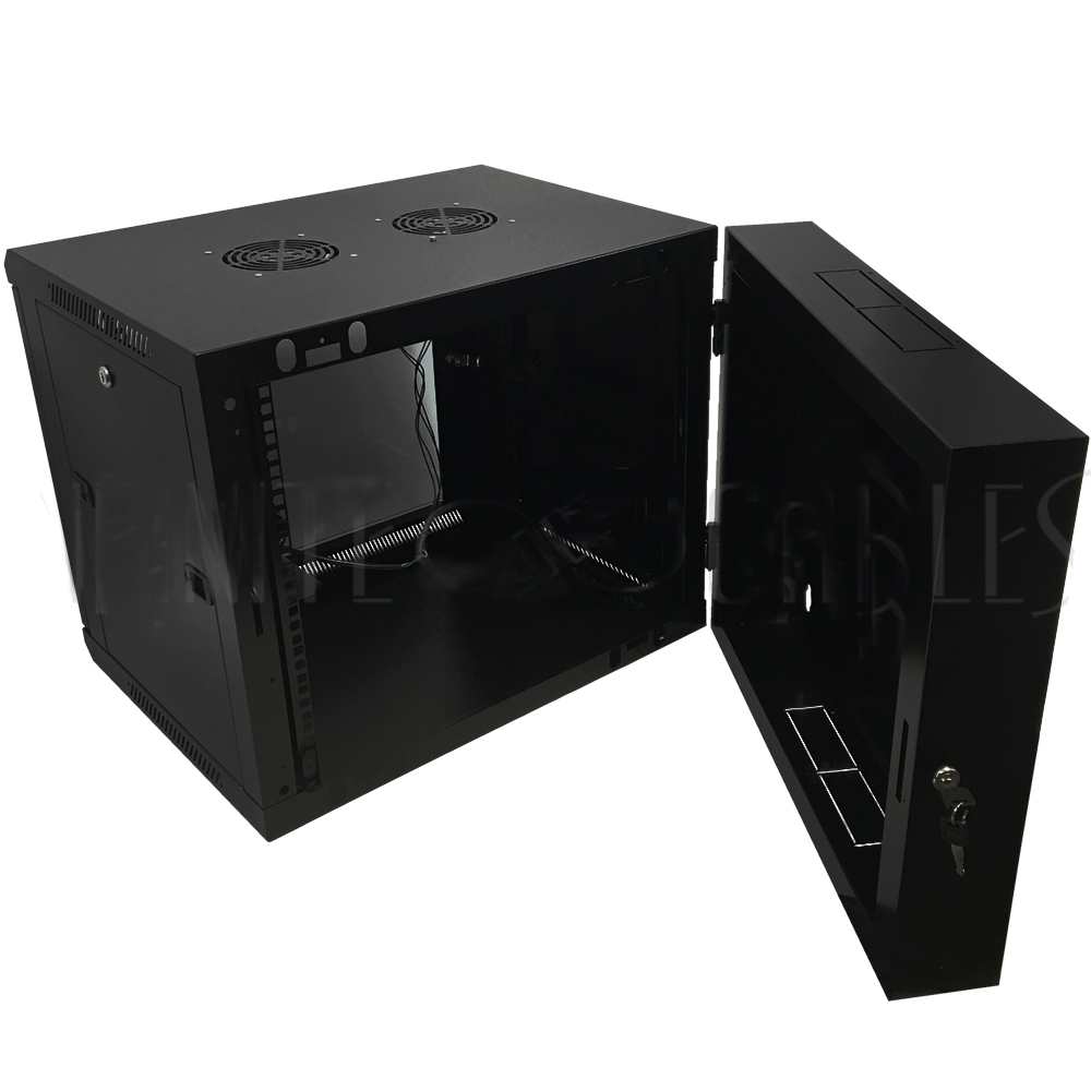 HF-WCS9U185: Wall Mount Swing-Out Cabinet 9U x 18.5" Usable Depth, Fans - Black - Click Image to Close
