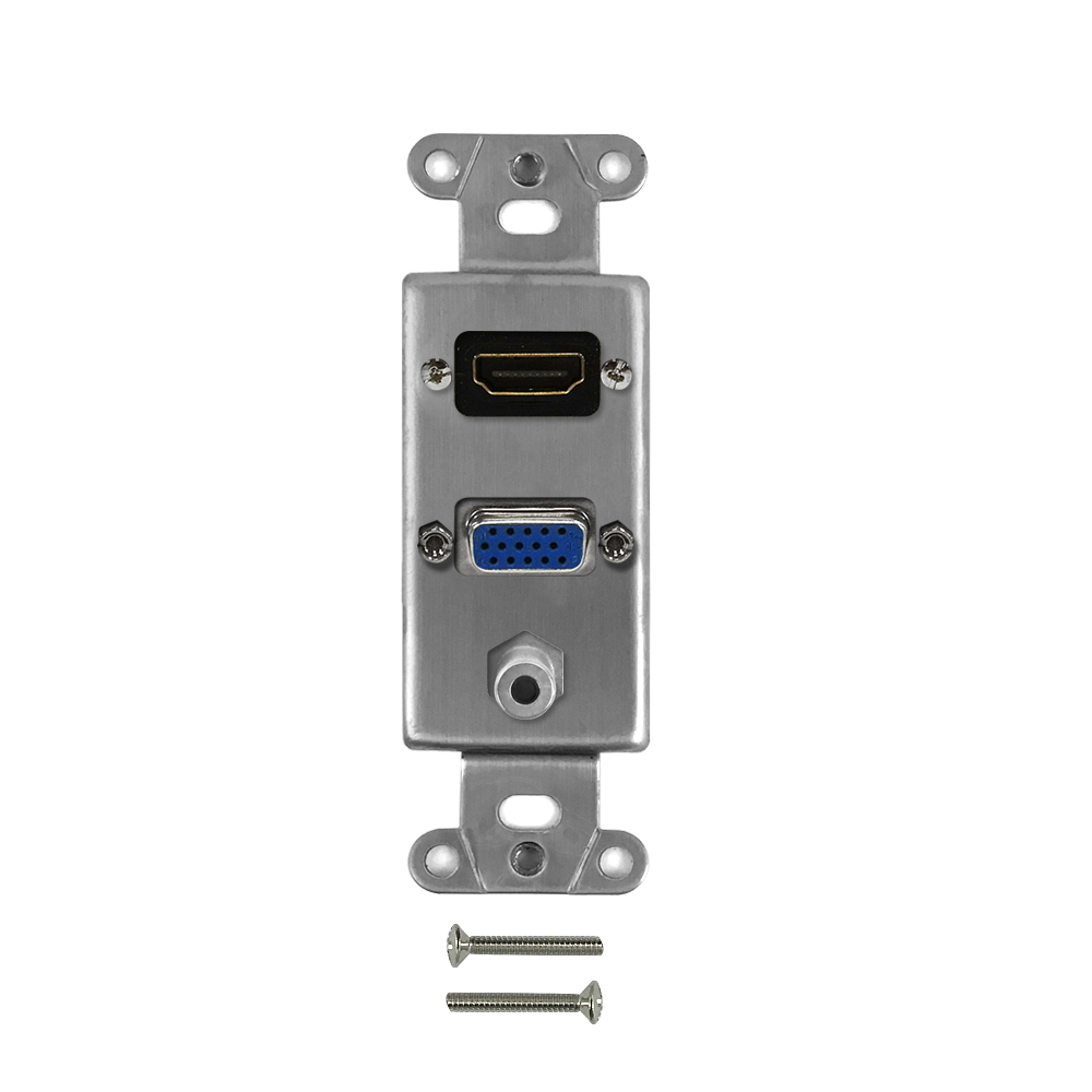 HF-WPK-DS-HVA1: Stainless steel decora strap - 1x HDMI, 1x VGA, 1x 3.5mm