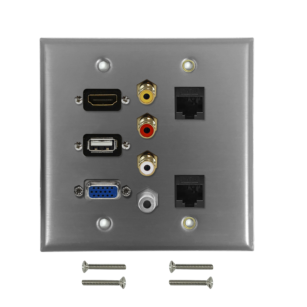 HF-WPK-S-HVUARC62: VGA, USB, HDMI, 3.5mm, RCA Composite + Left/Right Audio, 2x Cat6 F/F Double Gang Wall Plate Kit - Stainless Steel