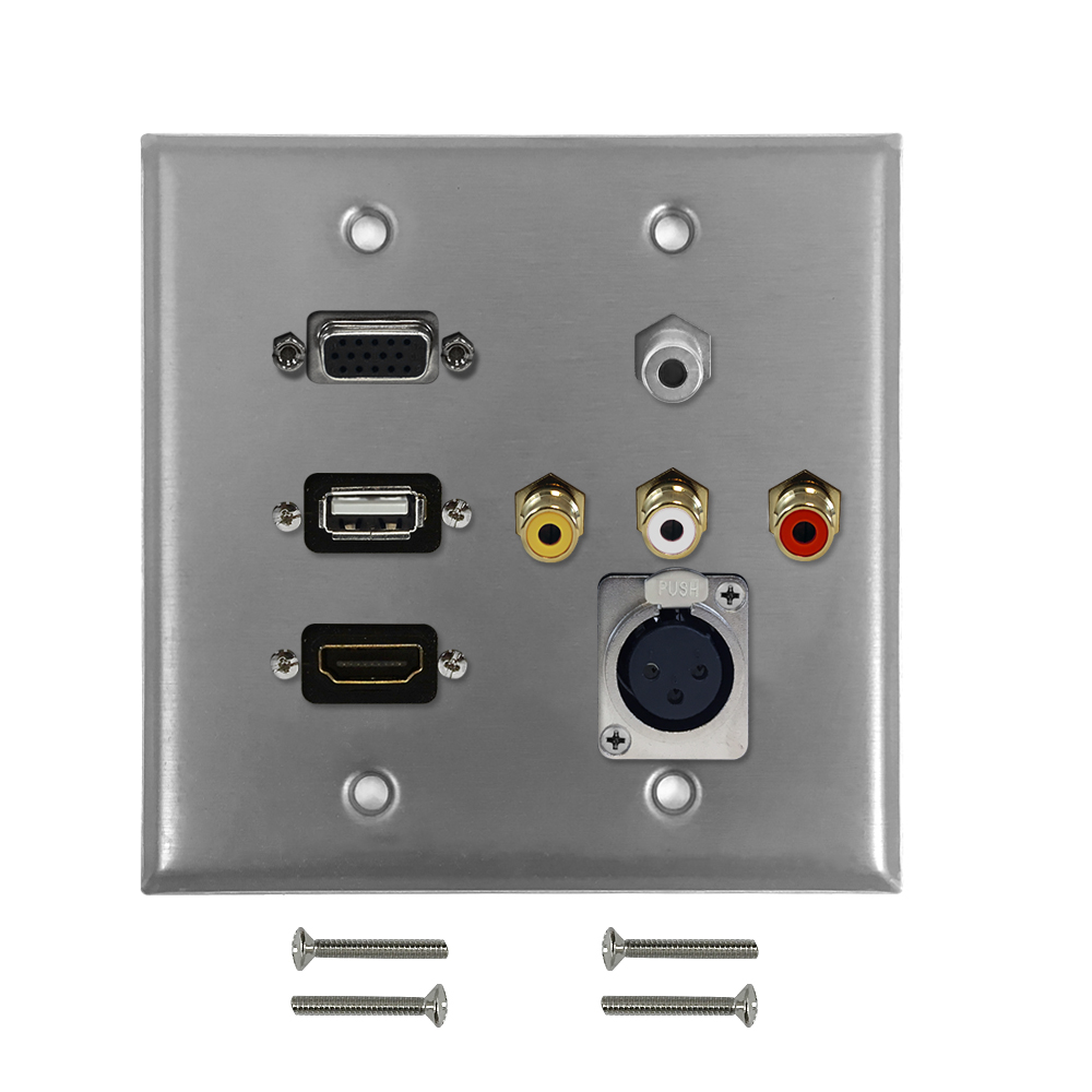 HF-WPK-S-HVUARX: VGA, USB, HDMI, 3.5mm, RCA Composite + Left/Right Audio, XLR Female Double Gang Wall Plate Kit - Stainless Steel