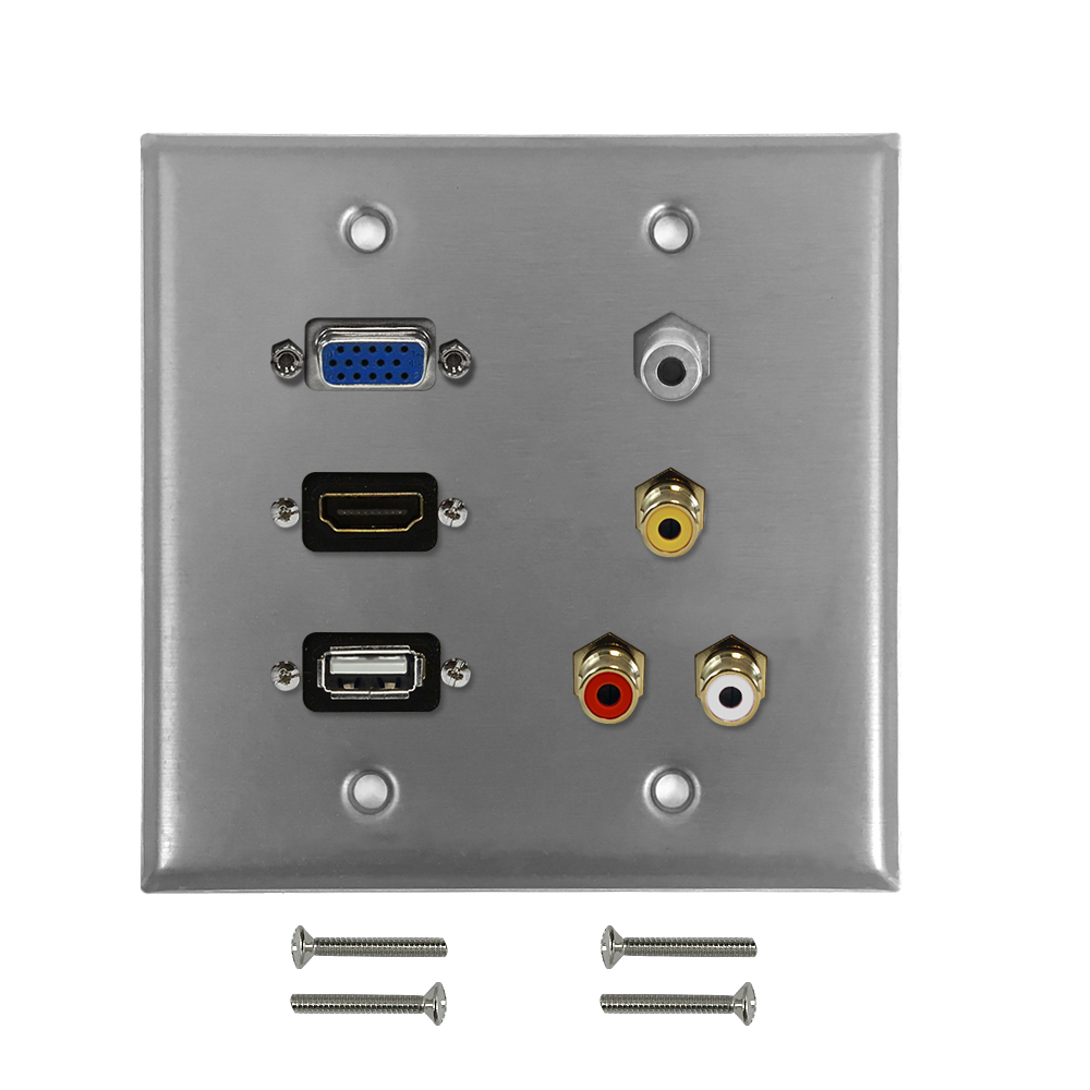 HF-WPK-S-HVURA35: VGA, USB, HDMI, 3.5mm, RCA Composite + Left/Right Audio Double Gang Wall Plate Kit - Stainless Steel