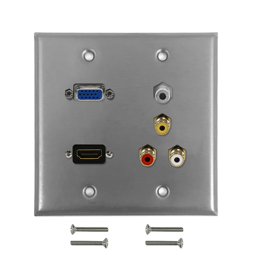 HF-WPK-SDG-HVRA: VGA, HDMI, 3.5mm + RCA Composite + Left/Right Audio Double Gang Wall Plate Kit - Stainless Steel