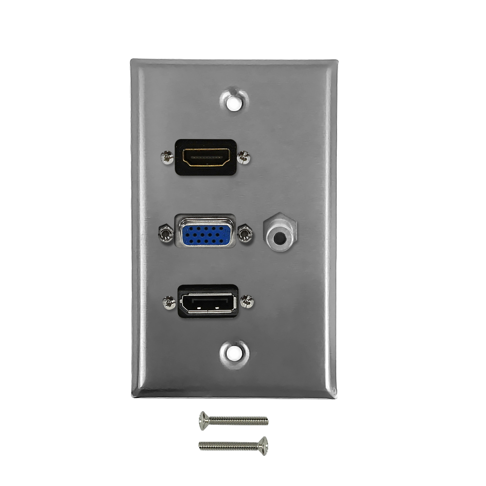 HF-WPK-SHVDA: VGA, HDMI, DisplayPort, 3.5mm Single Gang Wall Plate Kit - Stainless Steel