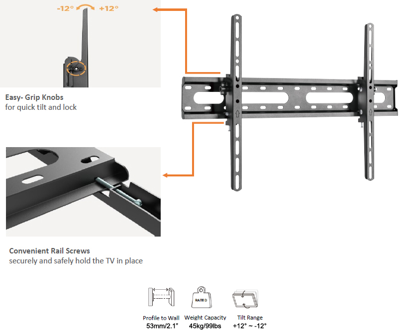 HFTM-TO436: Tilting TV Wall Mount Bracket for Flat and Curved LCD/LEDs - Fits Sizes 37-70 inches - Max VESA 600x400
