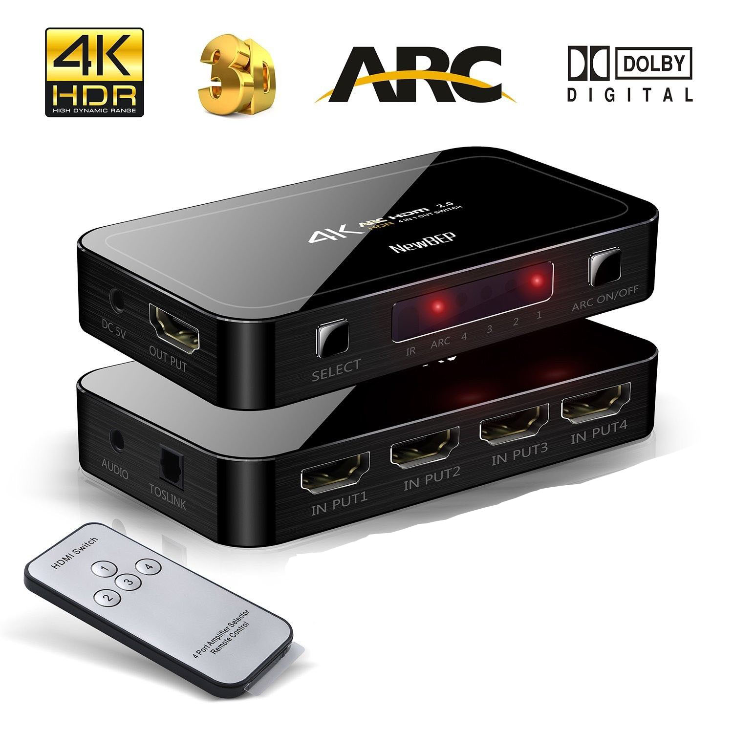 HSW4014K60: 4 port HDMI 2.0 Switch with Optical TOSLINK Audio Extractor Out 4K@60Hz w/remote
