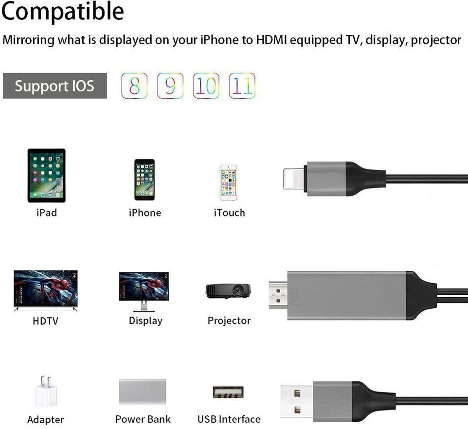 LHC-6: 6ft Lightning to HDMI Video Adapter Cable for iPhone iPad to HDTV Converter - Click Image to Close