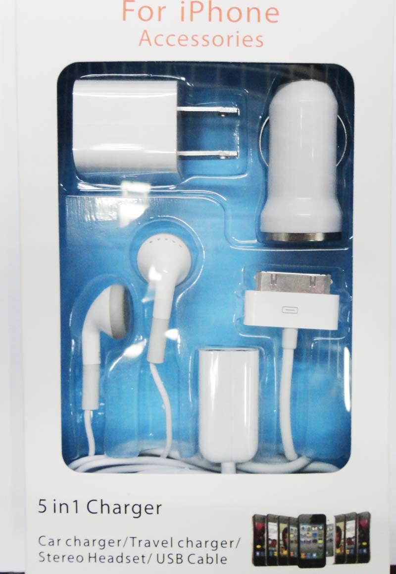 iPod-kit-c5: iPod charging 5-in-1 kit w/wall&Cigarette charger, USB-30pin Cable,earbud,3.5mm audio splittetr